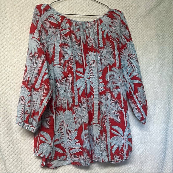 Talbots Blouse Oasis Palms Crinkle Gauze Poppver 100% Cotton Split Neck Sz 2X - Picture 6 of 7